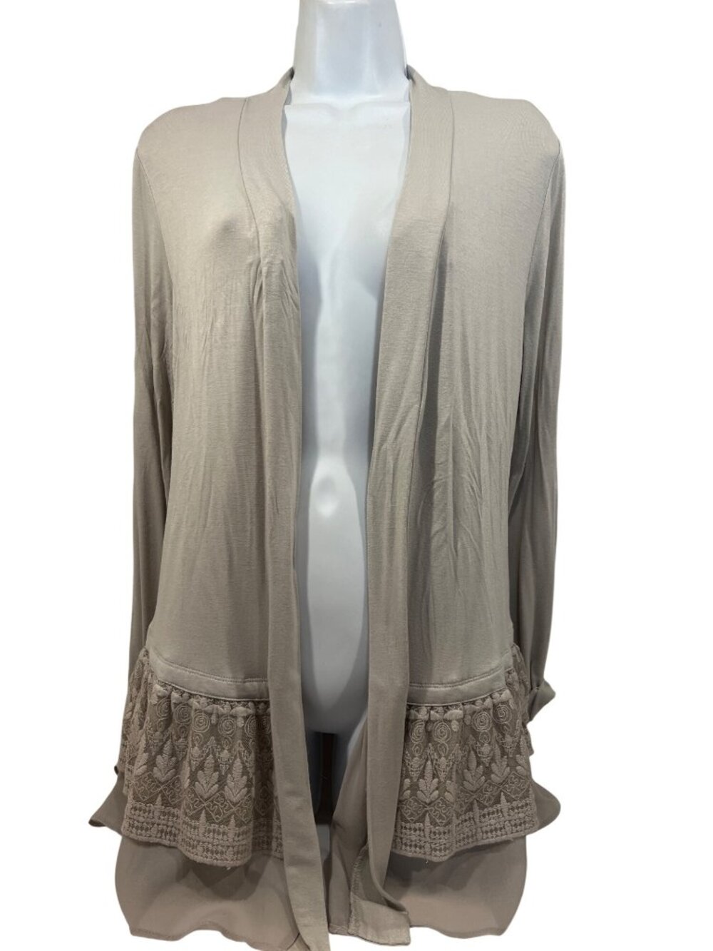 LOGO Lori Goldstein taupe drape open lace trim jacket Women S